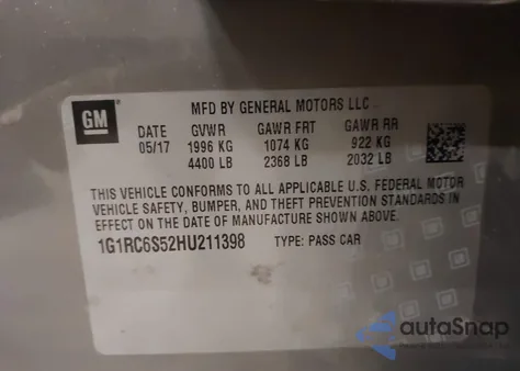 2017 Chevrolet Volt Lt из США, поврежденный, VIN 1G1RC6S52HU211398